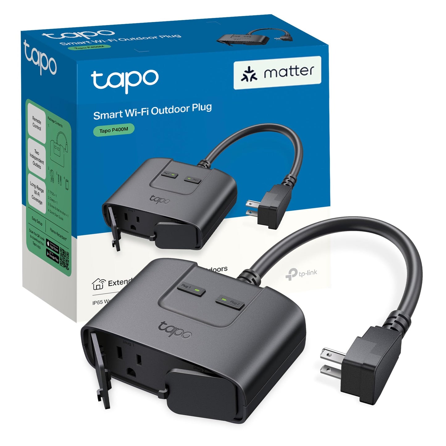 TP-Link Tapo Matter Outdoor Smart Plug, 2 Individual outlets, IP65 Weather Resistance, Works with Apple Home, Alexa, Google Home, Long Wi-Fi Range, 2.4G Wi-Fi Only, ETL Certified (Tapo P400M) Tapo