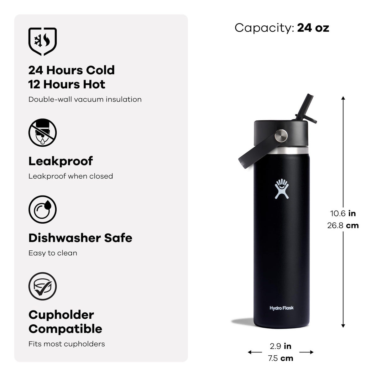 Hydro Flask 24 Oz Stainless Steel Wide Mouth Water Bottle with Leakproof Flex Straw Cap, Agave