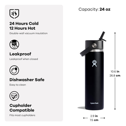 Hydro Flask 24 Oz Stainless Steel Wide Mouth Water Bottle with Leakproof Flex Straw Cap, Agave