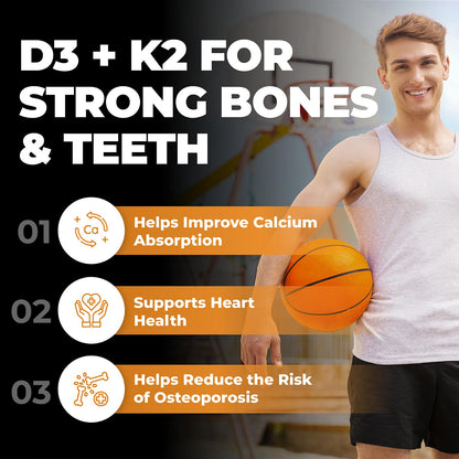 VITAMIN D3 K2 (MK-7) VEGAN | HIGH POTENCY•VALUE SIZE | Supports Prevention of Osteoporosis & Heart Calcification | Immune, Bone & Heart Health Supplement | Canadian Made Vitamin D3 Vitamin K2 - Available at All In One Marketplace Canada