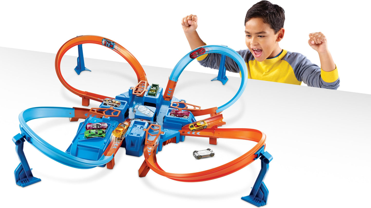 Hot Wheels Track Set with 1:64 Scale Toy Car, 4 Intersections for Crashing, Powered by a Motorized Booster, Criss-Cross Crash Track Hot Wheels