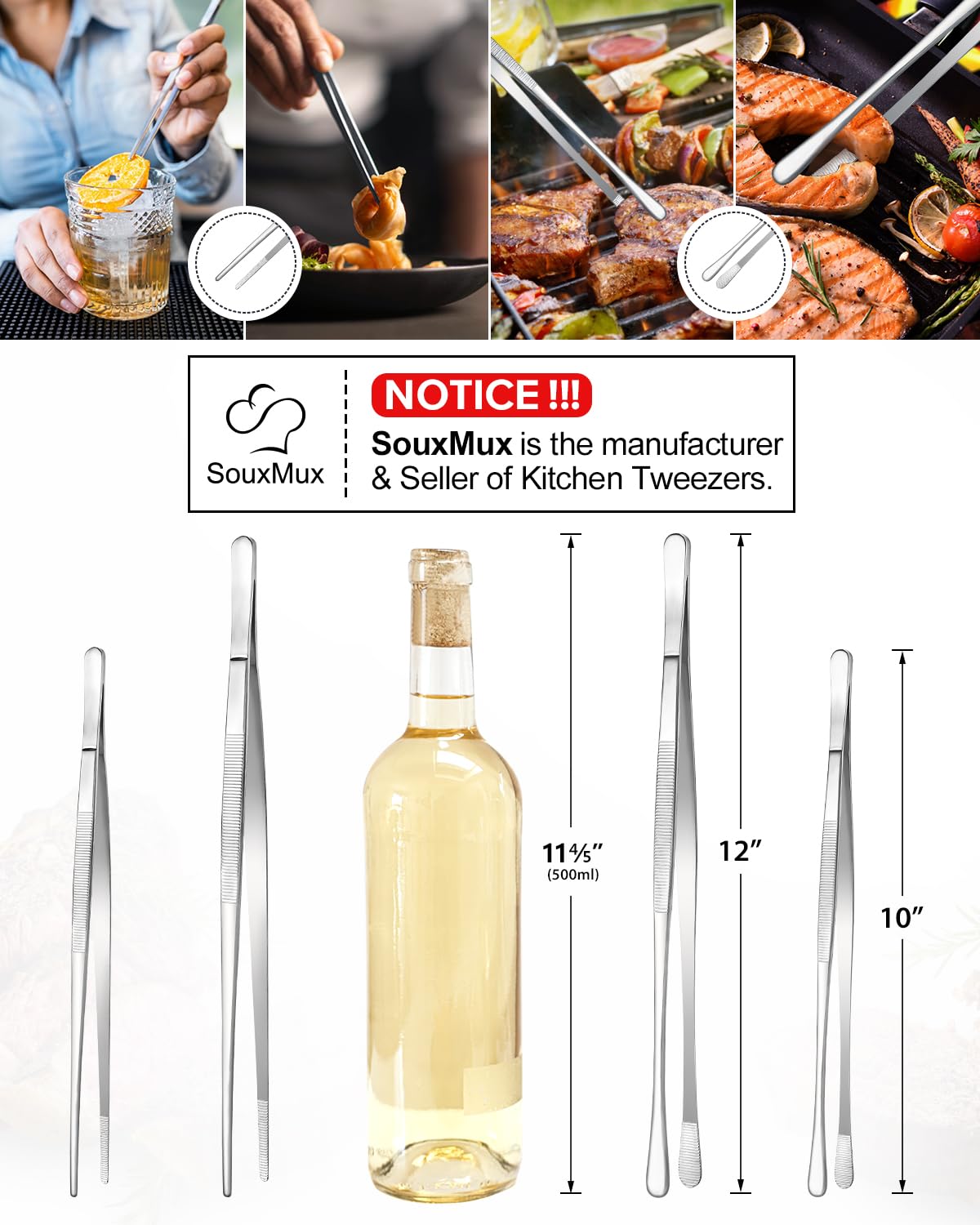 2 Pcs 12-inch Cooking Tweezers Tongs Precision Serrated Tips, Stainless Steel Professional Chef Tweezer Kitchen Tools for BBQ, Plating and Serving - Available at All In One Marketplace Canada
