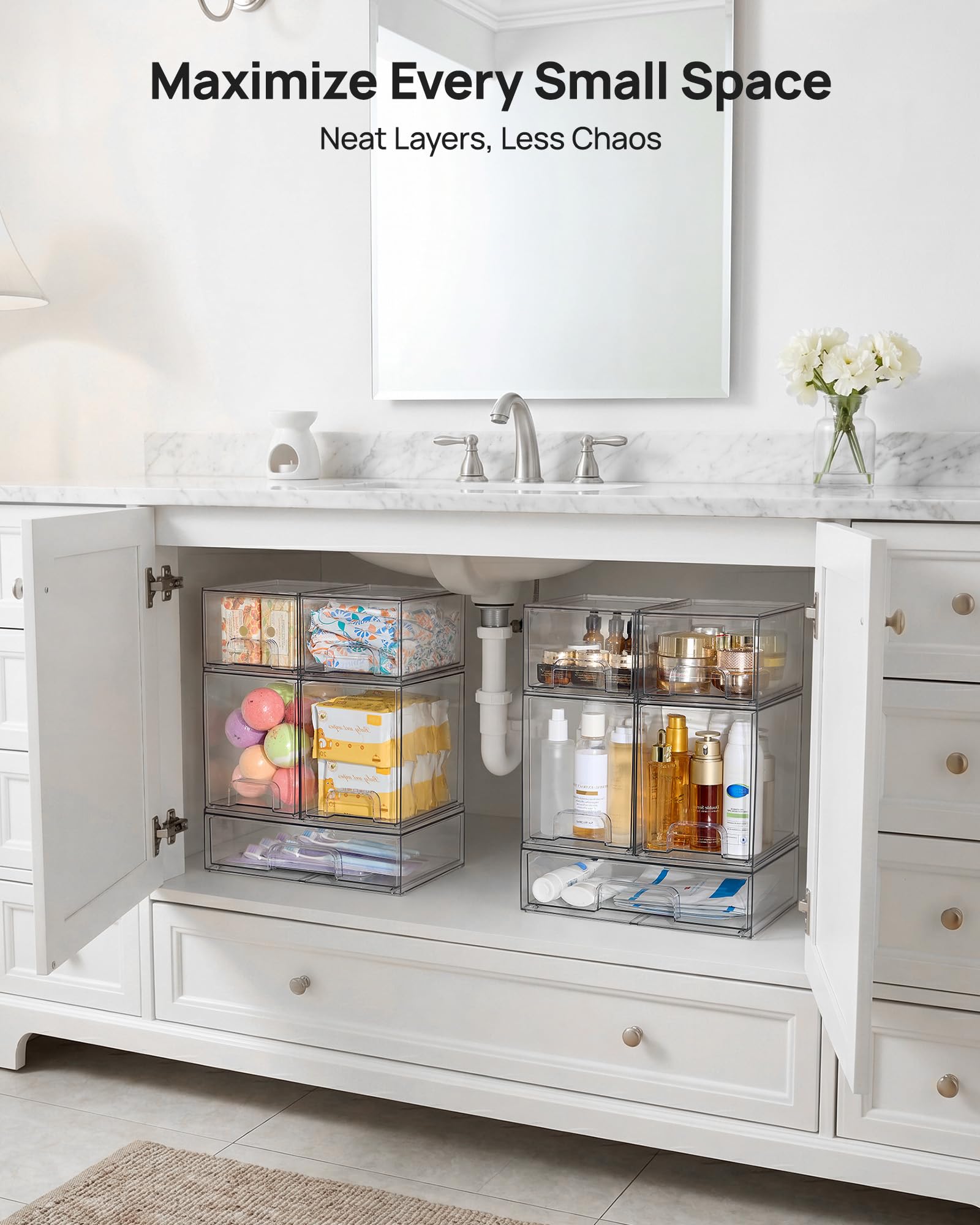 Vtopmart Stackable Storage Drawers Set of 5, 12" Wide and 4.4''&7.6'' High Clear Plastic Organizer Bins for Beauty Supplies,Ideal for Vanity, Bathroom,Cabinet,Pantry Organization