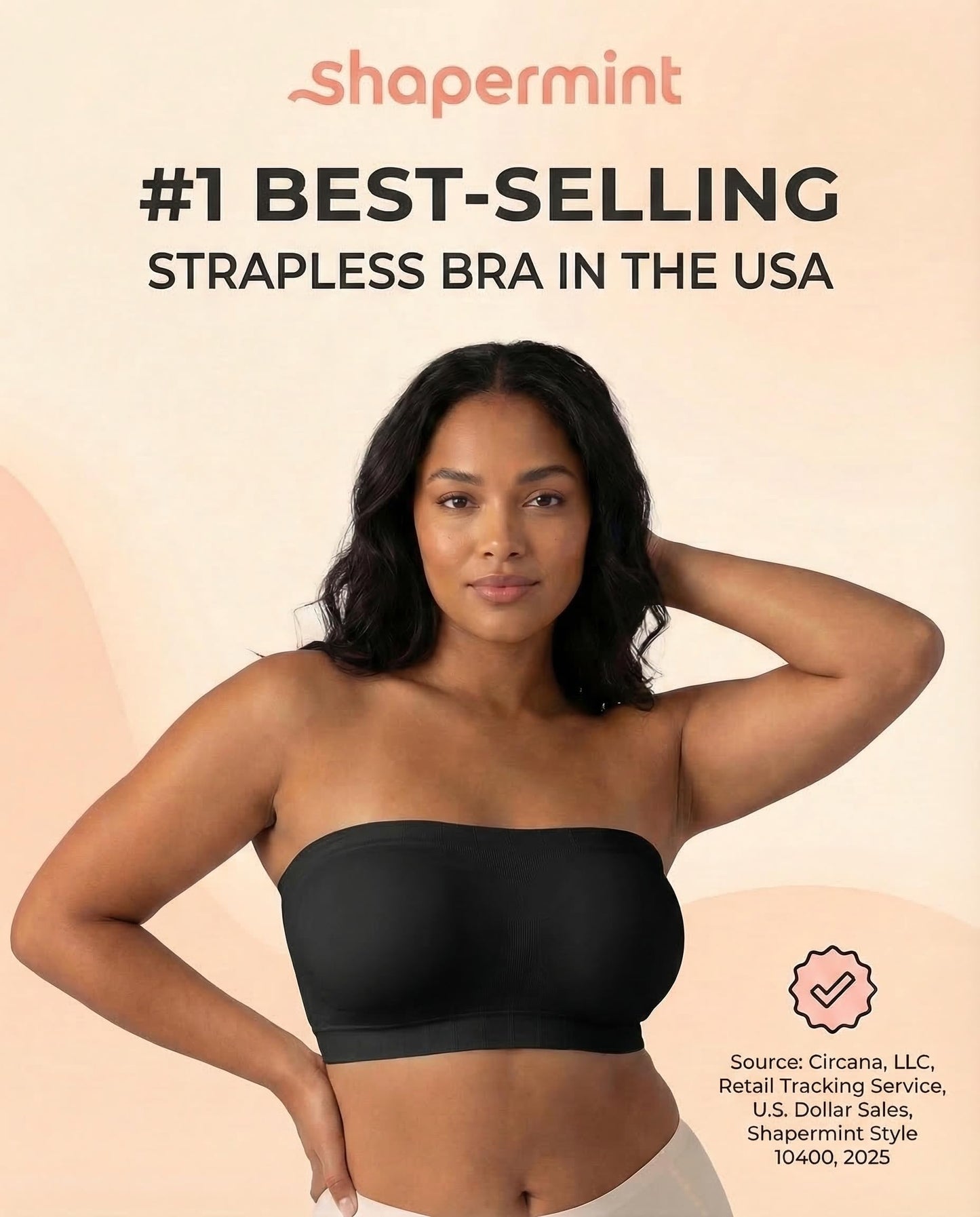 SHAPERMINT Convertible Strapless Bras for Women - Compression Wireless Bandeau Bra Top Black