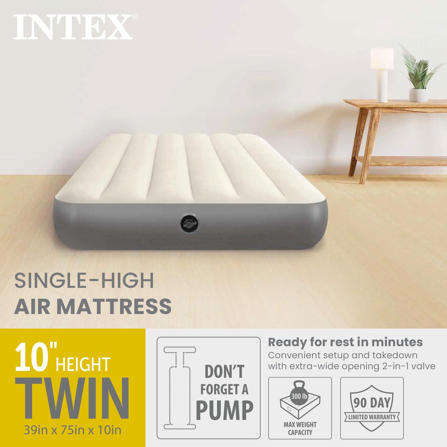 INTEX 64101E Dura-Beam Standard Single-High Air Mattress: Fiber-Tech – Twin Size – 10in Bed Height – 300lb Weight Capacity – Pump Sold Separately