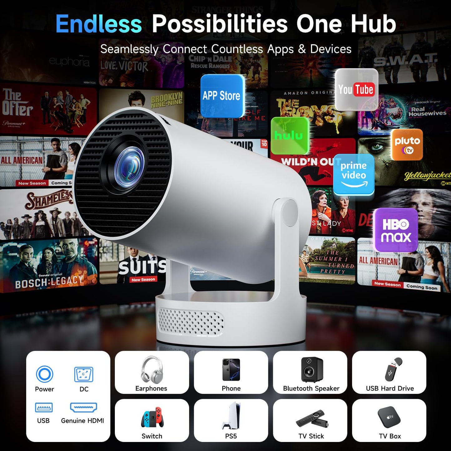 Kimwood Projector with Upgraded HiFi Speaker, [Built-in Apps] 1080P Mini Portable Projector Lower Noise Auto Keystone WiFi 6 Bluetooth 5.4 Ultra Short Throw Projectors Big Screen in Small Room