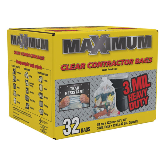 Maximum Heavy Duty Garbage Bags, 42-Gallon, 3 Mil, Clear Garbage Bags Extra Large, Tear Resistant, Industrial Strength, 32 Counts, Made In Canada - Available at All In One Marketplace Canada