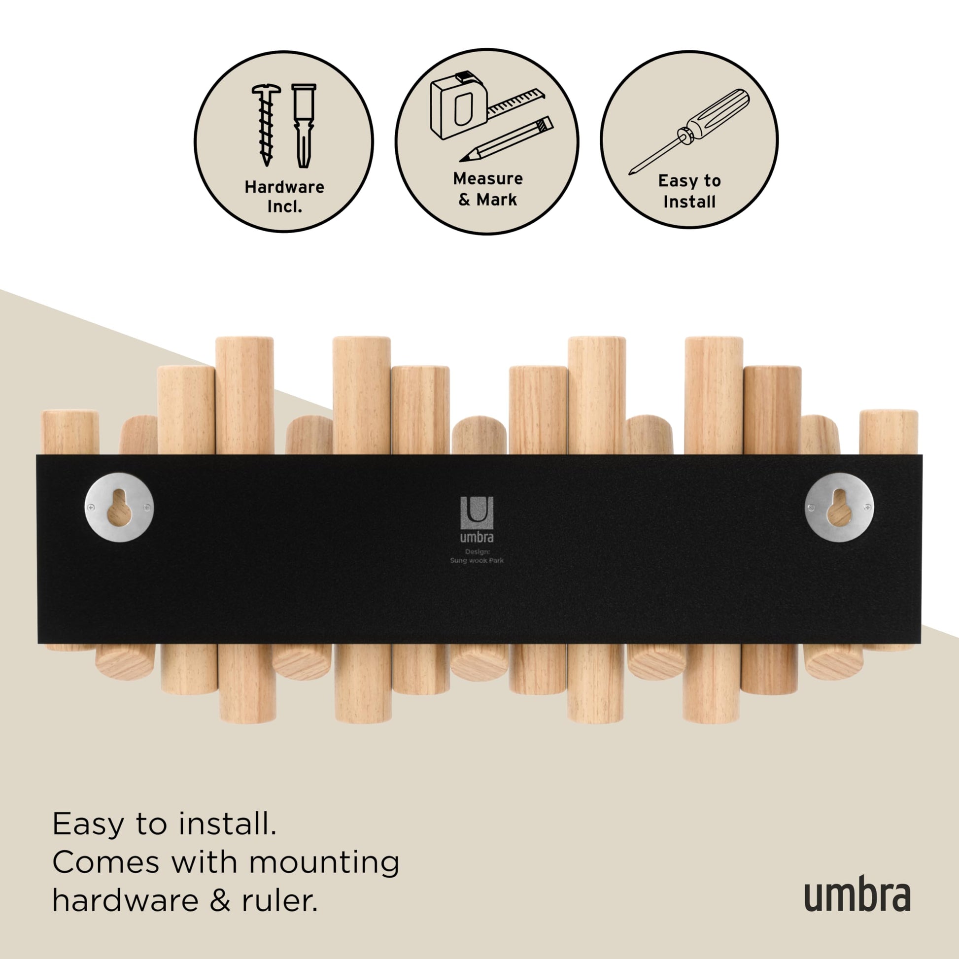 Umbra Picket Coat Rack Wall Mount – 5 Flip-Down Wood Coat Hooks, Modern & Functional Storage, Easy Install Wall Hooks, Natural Umbra