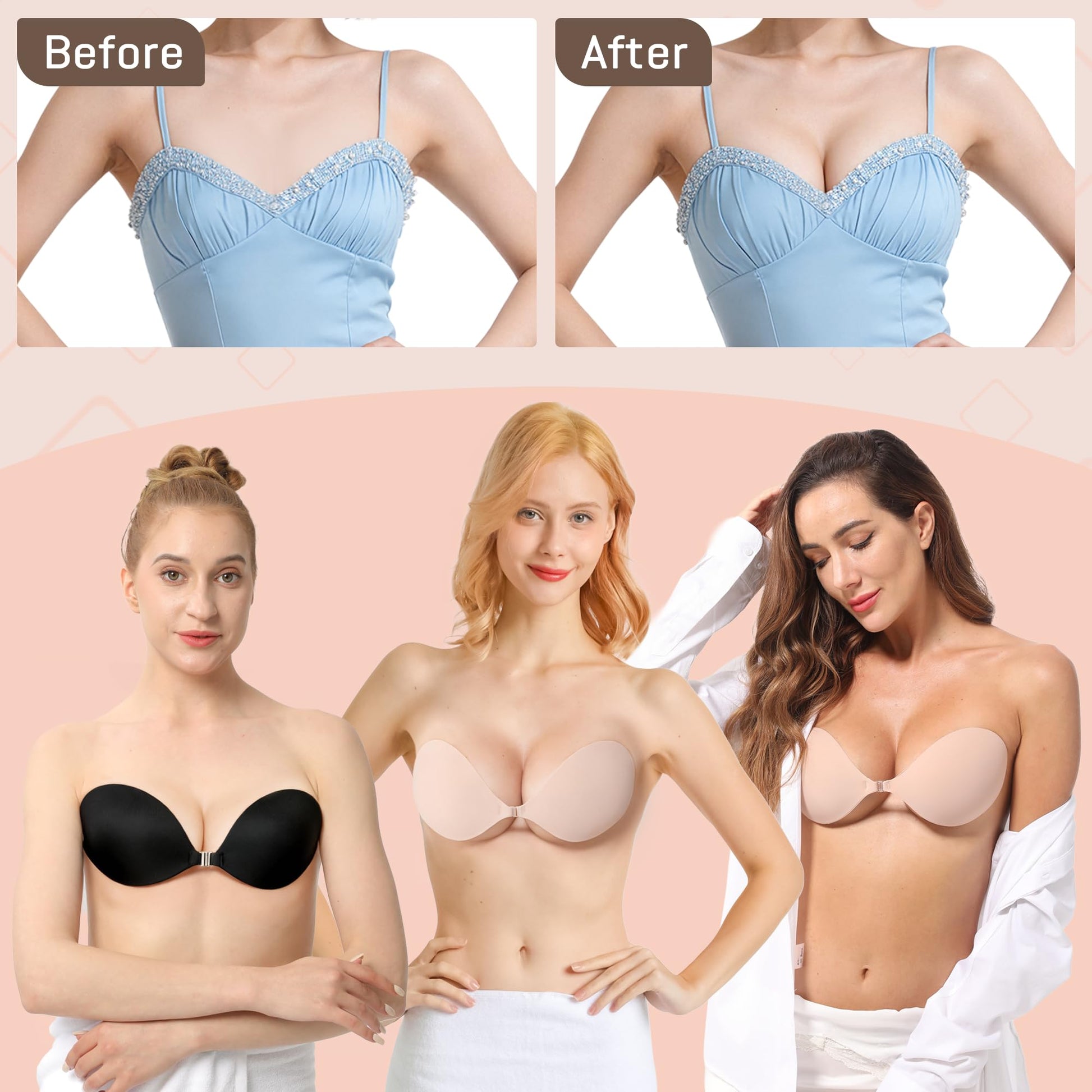 GKHWON Adhesive Bra Strapless Backless Invisible Push Up Sticky Bra with Silicone Nipple Covers Reusable Beige A