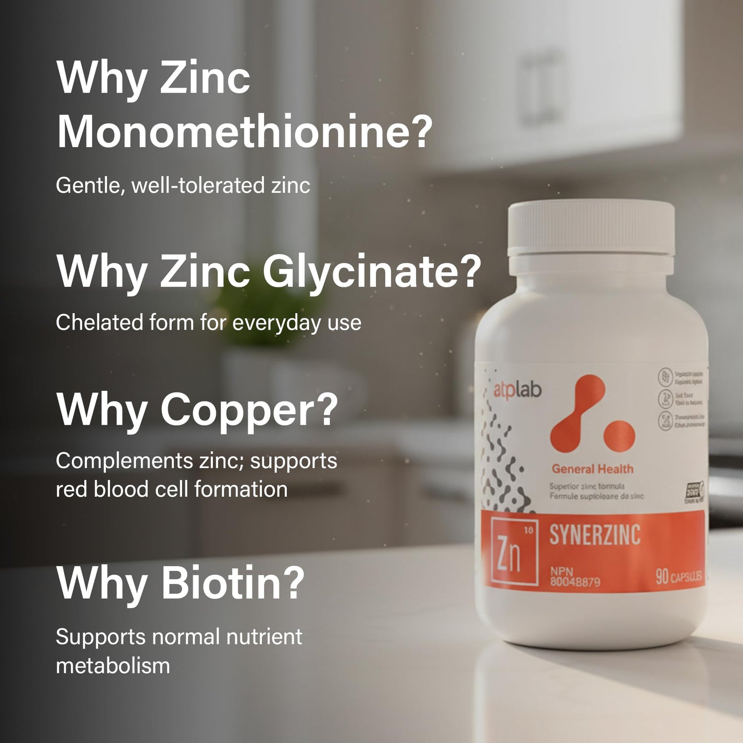 ATP LAB - Synerzinc, 90 Capsules 90-Day Supply - Zinc Supplement An Essential Mineral - Helps to Maintain Healthy Skin and Immune Function - Helps to Produce and Repair Connective Tissue - Available at All In One Marketplace Canada