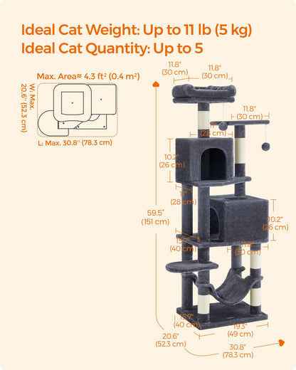 Feandrea Cat Tree Tower, 155 cm Multi-Level Cat Condo with 5 Scratching Posts, 2 Perches, 2 Caves, Hammock, 2 Pompoms, Smoky Gray UPCT192G01