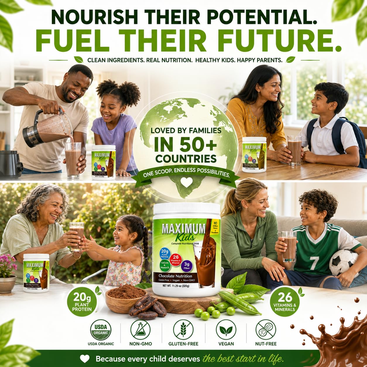 Maximum Kids Complete ORGANIC Powder Mix - Great TASTING, EASY to use, complete nutritional drink with 26 vitamins & Minerals, 20g of Plant Protein, 3g of Fiber. Kid TESTED! Parents APPROVED! - Available at All In One Marketplace Canada