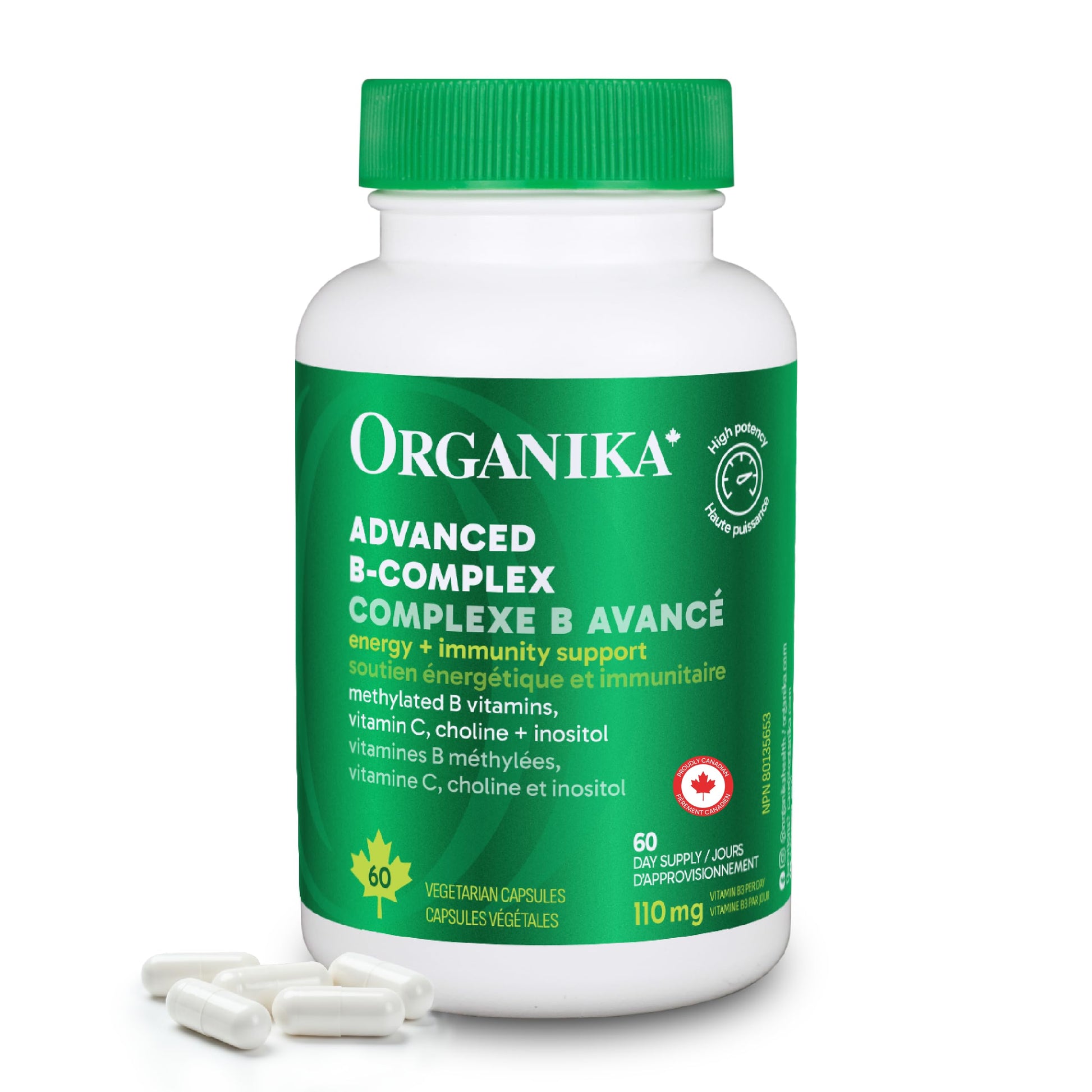 Organika Canadian-Made Advanced B-Complex 110mg- Energy and Immunity Support, Methylated B-Vitamins for Enhanced Absorption- 60vcaps - Available at All In One Marketplace Canada