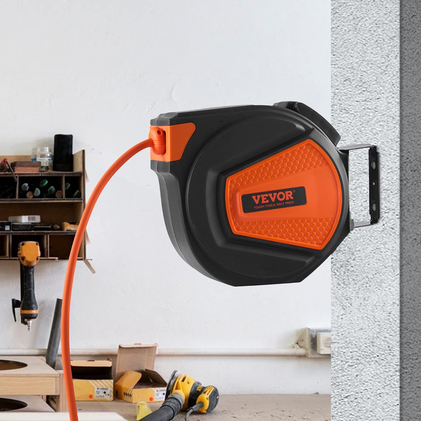 VEVOR Retractable Air Hose Reel, 3/8 in x 50 FT Hybrid Air Hose Max 300PSI, Air Compressor Hose Reel with 5 ft Lead in, Ceiling/Wall Mount Enclosed Air Reel, 180° Swivel Mount VEVOR