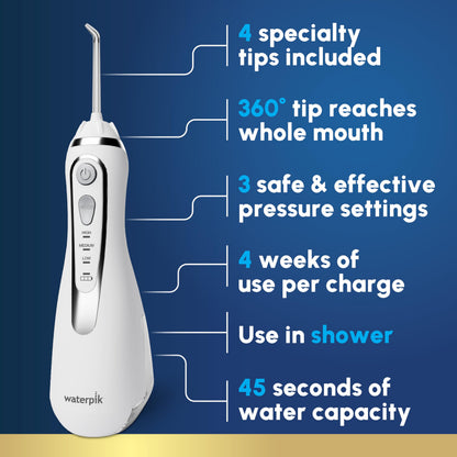 Waterpik Cordless Advanced 2.0 Water Flosser for Teeth, Gums, Braces, Dental Care with Travel Bag & 4 Tips, CDA Validated, Waterproof Rechargeable Handheld, White (1 Count) Gift for Men Women Mom Dad - Available at All In One Marketplace Canada