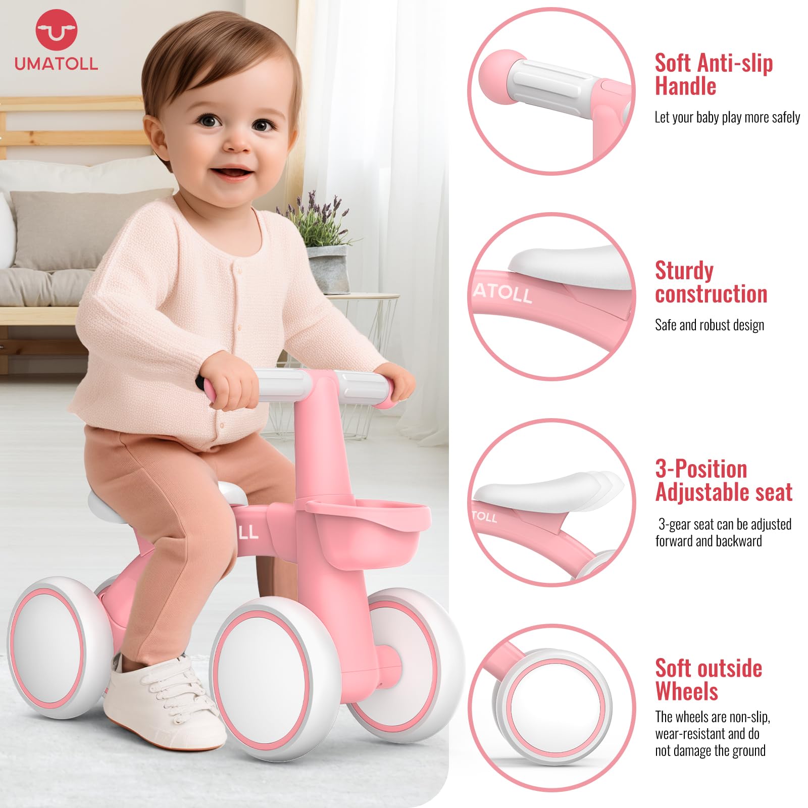 Umatoll Baby Balance Bike Toys for 1 Year Old Girls Gifts, Adjustable Seat Baby Walker, First Birthday Gifts, 12-24 Months Toddler Ride on Toys with Removable Basket, Pink