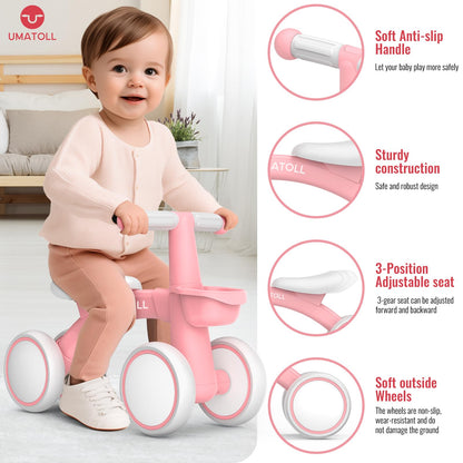 Umatoll Baby Balance Bike Toys for 1 Year Old Girls Gifts, Adjustable Seat Baby Walker, First Birthday Gifts, 12-24 Months Toddler Ride on Toys with Removable Basket, Pink