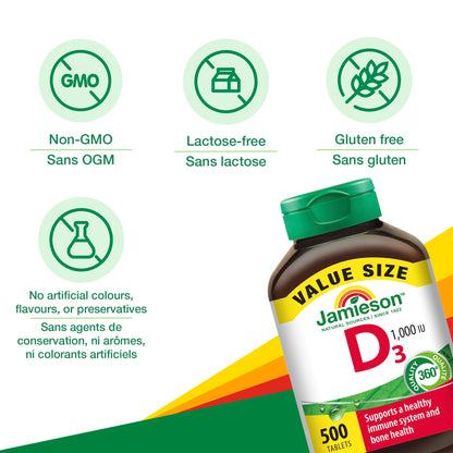 Jamieson Vitamin D3 1,000 IU Tablets, Supports Immune Health, Strong Bones, and Teeth, Enhances Calcium and Phosphorus Absorption. Vegetarian, Non-GMO, Gluten-Free, One Per Day, 500 Count, Proudly Canadian
