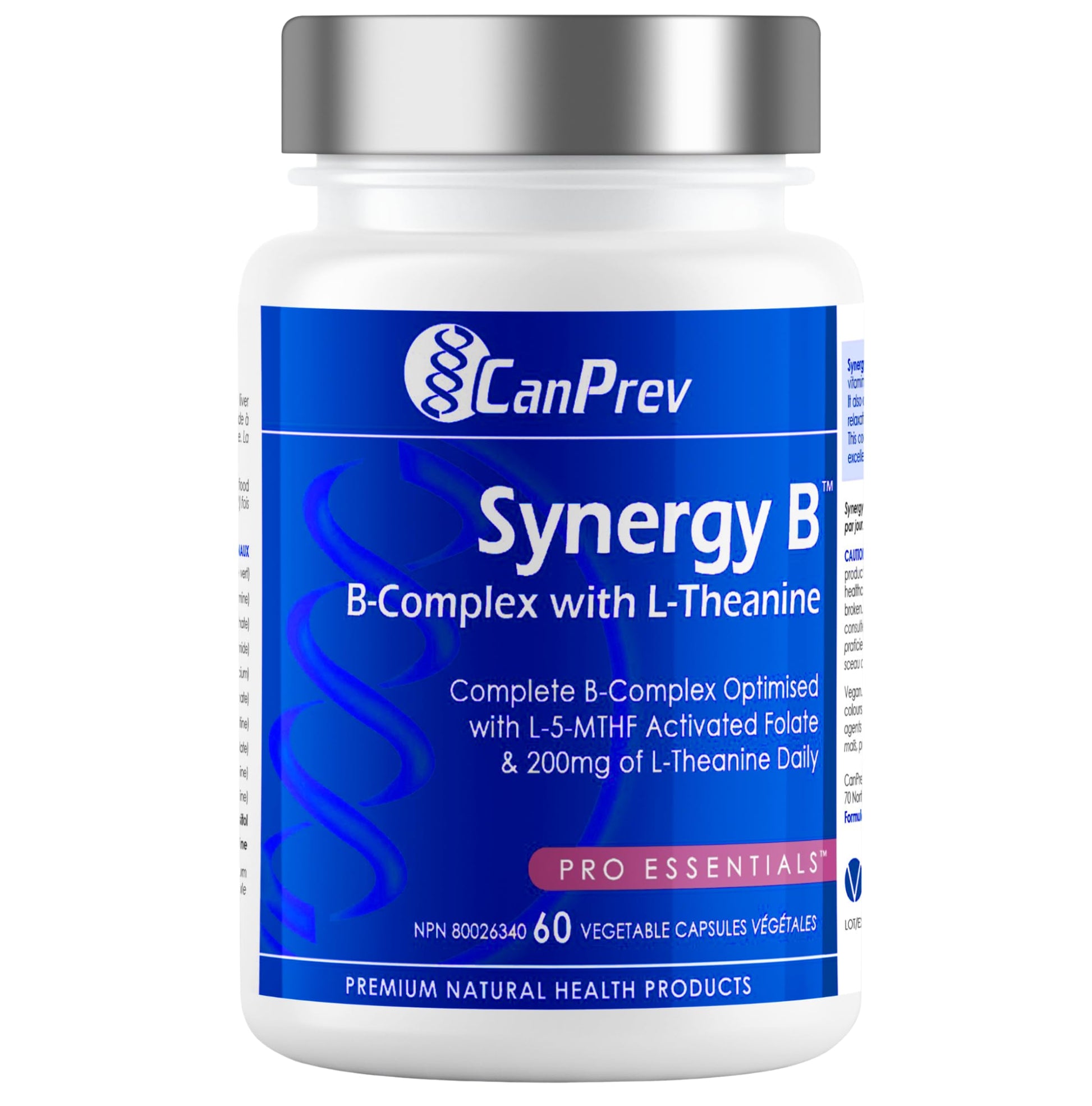 CanPrev Synergy B Complex 60 V-Caps 30-Day Supply - Vitamin B Supplement with L-Theanine 200mg - Complete B Complex Optimized with L-5-MTHF Activated Folate & Spirulina - Vegan, Non-GMO & Gluten-Free - Available at All In One Marketplace Canada