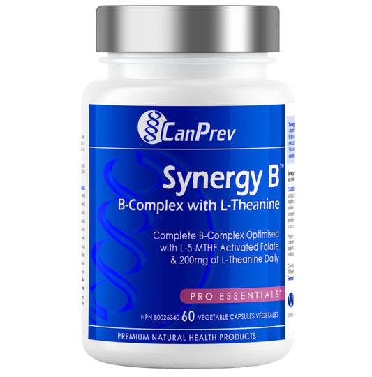 CanPrev Synergy B Complex 60 V-Caps 30-Day Supply - Vitamin B Supplement with L-Theanine 200mg - Complete B Complex Optimized with L-5-MTHF Activated Folate & Spirulina - Vegan, Non-GMO & Gluten-Free - Available at All In One Marketplace Canada