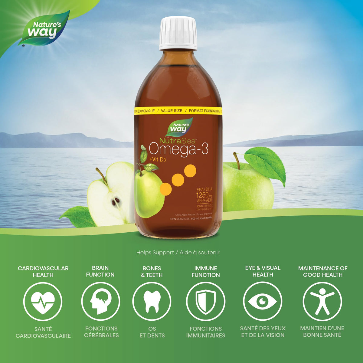Nature's Way NutraSea Omega 3 + Vitamin D Fish Oil Liquid Supplement – Crisp Apple Flavour, Value Size – Heart, Brain, Bone & Immune Support – EPA & DHA + 1000IU D3, 500 mL