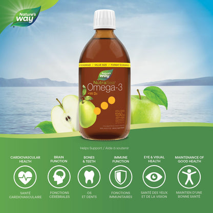 Nature's Way NutraSea Omega 3 + Vitamin D Fish Oil Liquid Supplement – Crisp Apple Flavour, Value Size – Heart, Brain, Bone & Immune Support – EPA & DHA + 1000IU D3, 500 mL
