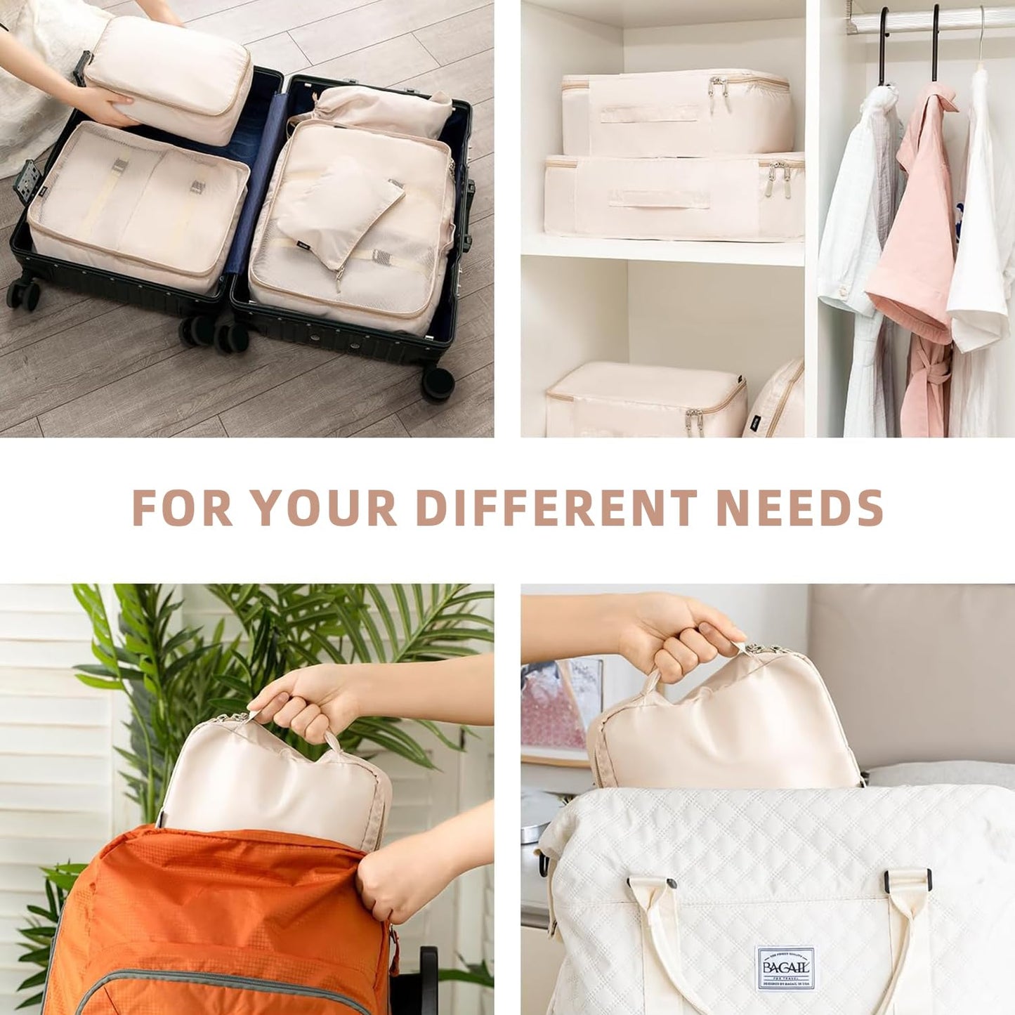 BAGAIL 8 Set Packing Cubes, Lightweight Travel Luggage Organizers with Shoe Bag, Toiletry Bag & Laundry Bag (Cream) - Available at All In One Marketplace Canada