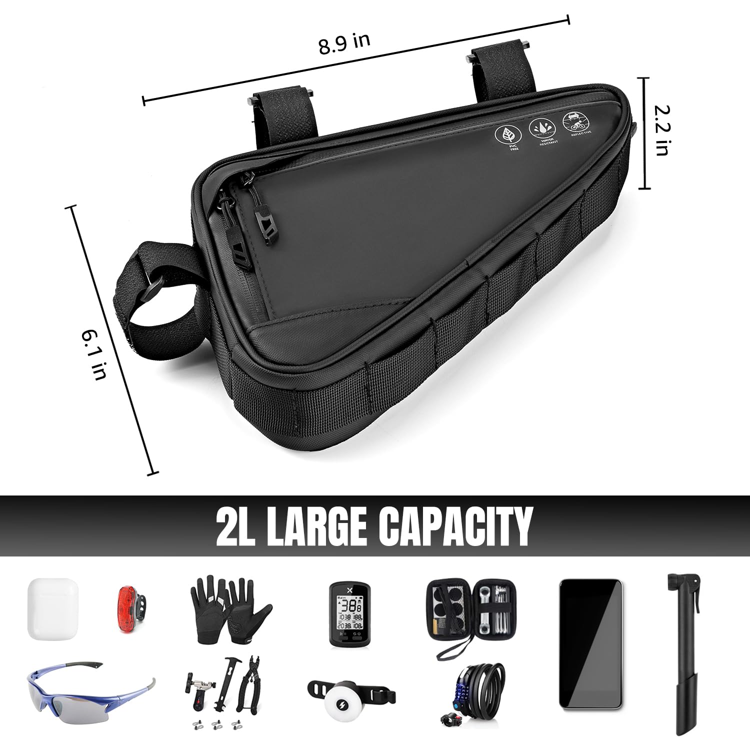 WOTOW Bike Frame Storage Bag, Water Resistant Cycling Reflective Triangle Handlebar Top Tube Bag Under Seat Pouch Strap-On Adjustable Install Position Tool Accessories Pack for Mountain Road Bike - Available at All In One Marketplace Canada