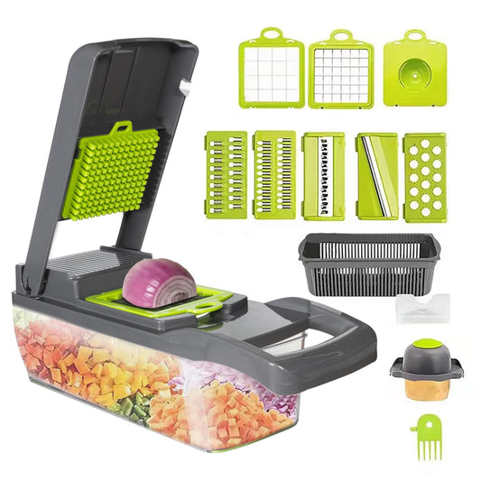 Vegetable Chopper Cutter Slicer Multifunctional 13-in-1 Food Veggie Onion Potato Fruit Chopper Cutter Dicer with Container, 8 Interchangable Blades, Hand Protector, Drain Strainer, Cleaning Brush - Available at All In One Marketplace Canada