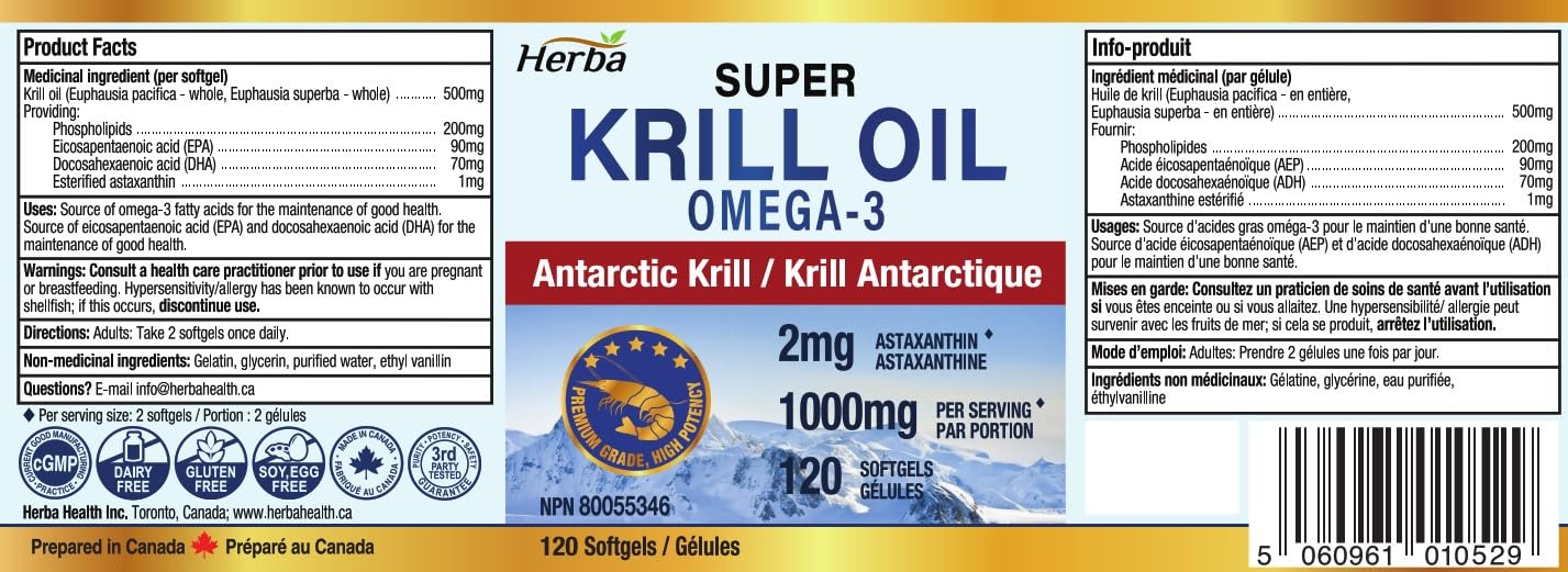 Herba Krill Oil Omega 3 Supplements - 120 Softgels | 1000mg of Antarctic Krill Oil Per Day (2 softgels 500mg each) | Source of Omega 3 Fatty Acids | High Astaxanthin | Premium Grade - 500mg per Soft Gel | Made in Canada - Available at All In One Marketplace Canada