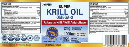 Herba Krill Oil Omega 3 Supplements - 120 Softgels | 1000mg of Antarctic Krill Oil Per Day (2 softgels 500mg each) | Source of Omega 3 Fatty Acids | High Astaxanthin | Premium Grade - 500mg per Soft Gel | Made in Canada - Available at All In One Marketplace Canada