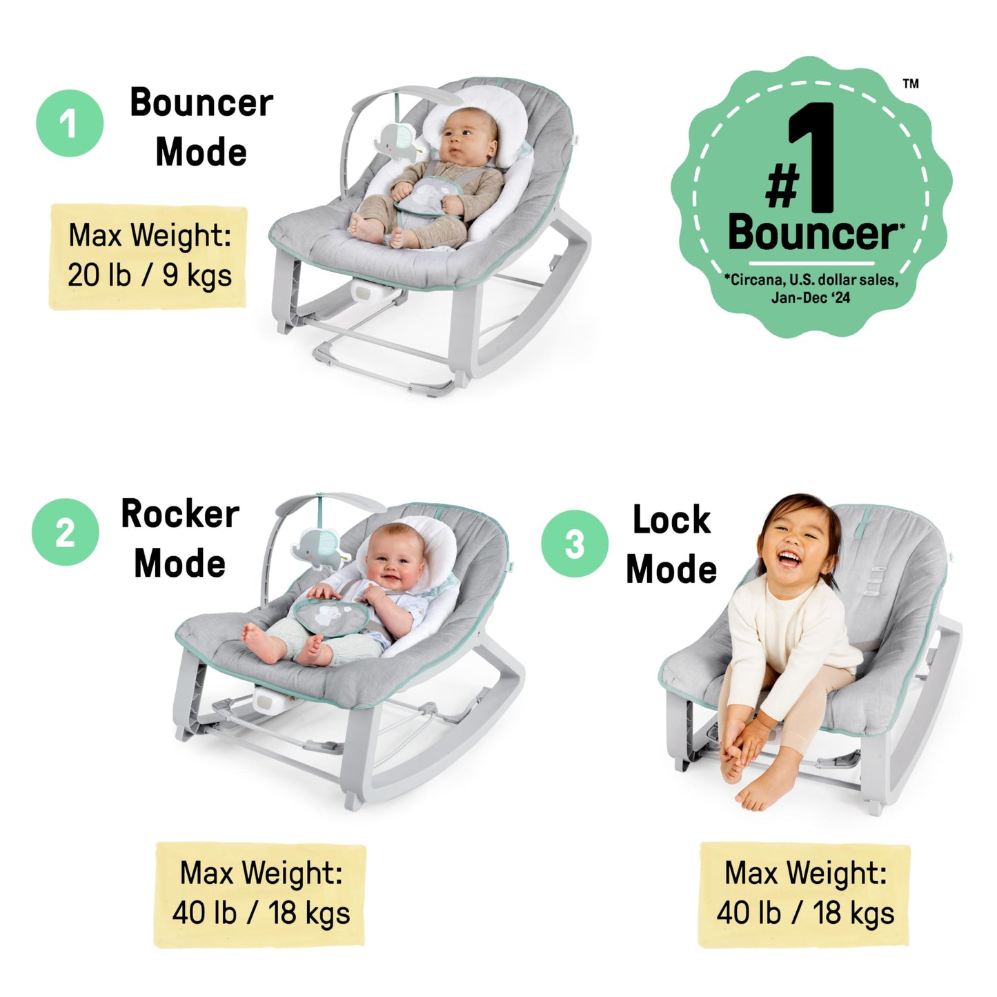 Ingenuity Keep Cozy 3-in-1 Grow with Me Vibrating Baby Bouncer, Seat & Infant to Toddler Rocker, Vibrations & Toy Bar, 0-30 Months Up to 40 lbs (Weaver)
