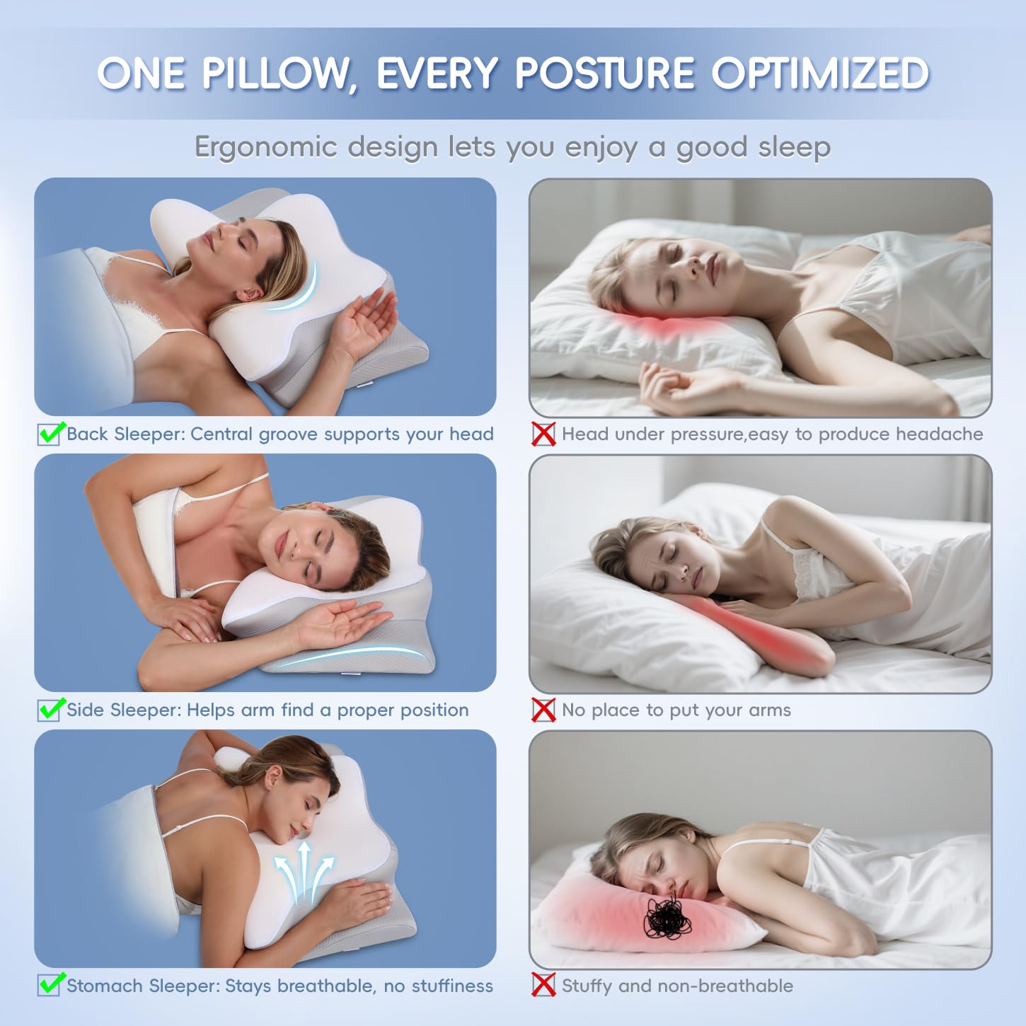 Missleep Cervical Neck Pillow,Memory Foam Pillows for Relieving Neck and Shoulder Pain, Neck Support Pillow for Side Sleepers, 2 Heights Ergonomic Pillow with Breathable Ice Silk Cover White