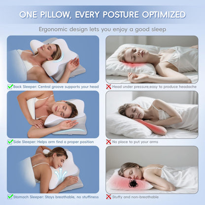 Missleep Cervical Neck Pillow,Memory Foam Pillows for Relieving Neck and Shoulder Pain, Neck Support Pillow for Side Sleepers, 2 Heights Ergonomic Pillow with Breathable Ice Silk Cover White