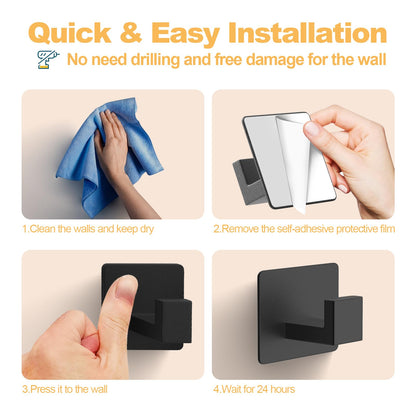 PMMASTO Black 4 Pack Self Adhesive Wall Hooks for Hanging, Stick On Wall Hanger Hook for Shower, Robe, Hat - Aluminium