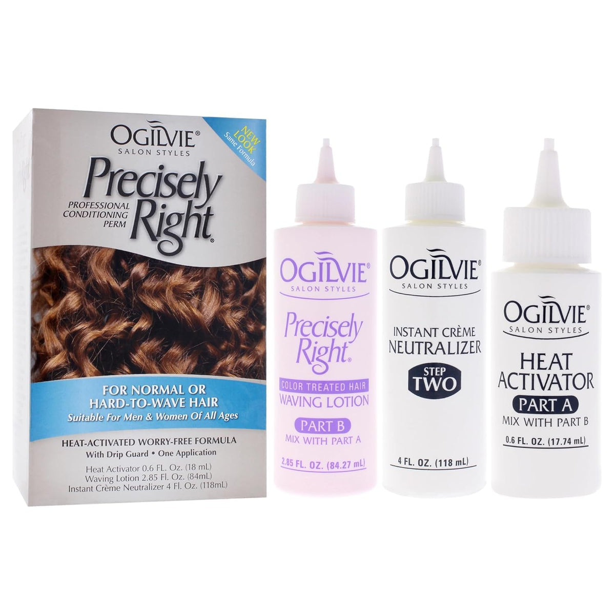 Ogilvie Salon Styles Precisely Right Professional Conditioning Home Perm Kit for Men & Women - For Normal or Hard-to-wave Hair - Heat-activated Worry-free Formula with Drip Guard - 1 Application
