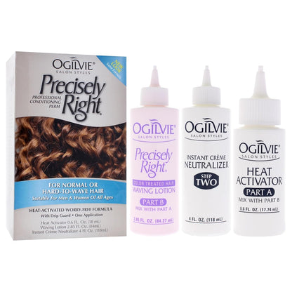 Ogilvie Salon Styles Precisely Right Professional Conditioning Home Perm Kit for Men & Women - For Normal or Hard-to-wave Hair - Heat-activated Worry-free Formula with Drip Guard - 1 Application