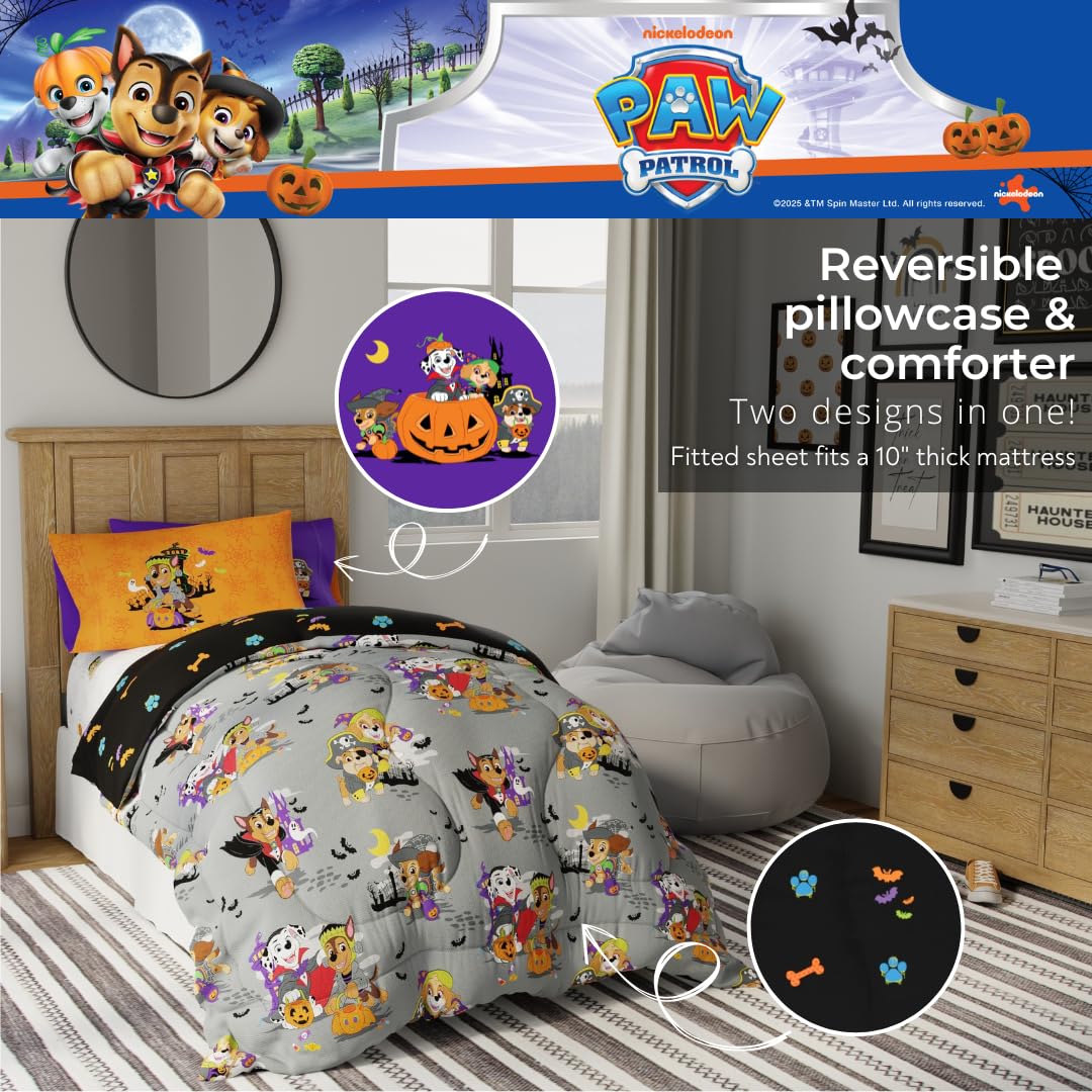 Parure de lit 5 pièces pour enfants Halloween Pat' Patrouille, ensemble de couette réversible et draps ultra-doux et confortables avec taie d'oreiller, lit simple, (produit sous licence officielle) par Franco