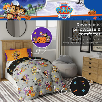Parure de lit 5 pièces pour enfants Halloween Pat' Patrouille, ensemble de couette réversible et draps ultra-doux et confortables avec taie d'oreiller, lit simple, (produit sous licence officielle) par Franco