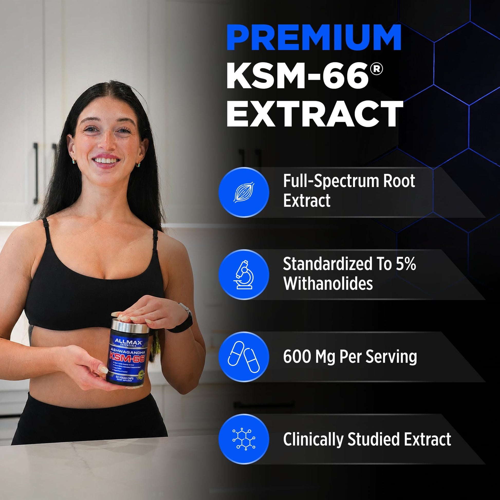 ALLMAX Ashwagandha KSM-66 Capsules - Full Spectrum Root Extract Supplement - Muscle Strength & Recovery, Stress Relief - 60 Veggie Caps, 30 Servings, Non-GMO, Gluten Free - Available at All In One Marketplace Canada