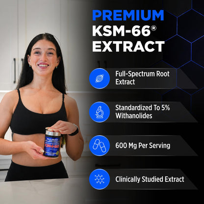 ALLMAX Ashwagandha KSM-66 Capsules - Full Spectrum Root Extract Supplement - Muscle Strength & Recovery, Stress Relief - 60 Veggie Caps, 30 Servings, Non-GMO, Gluten Free - Available at All In One Marketplace Canada