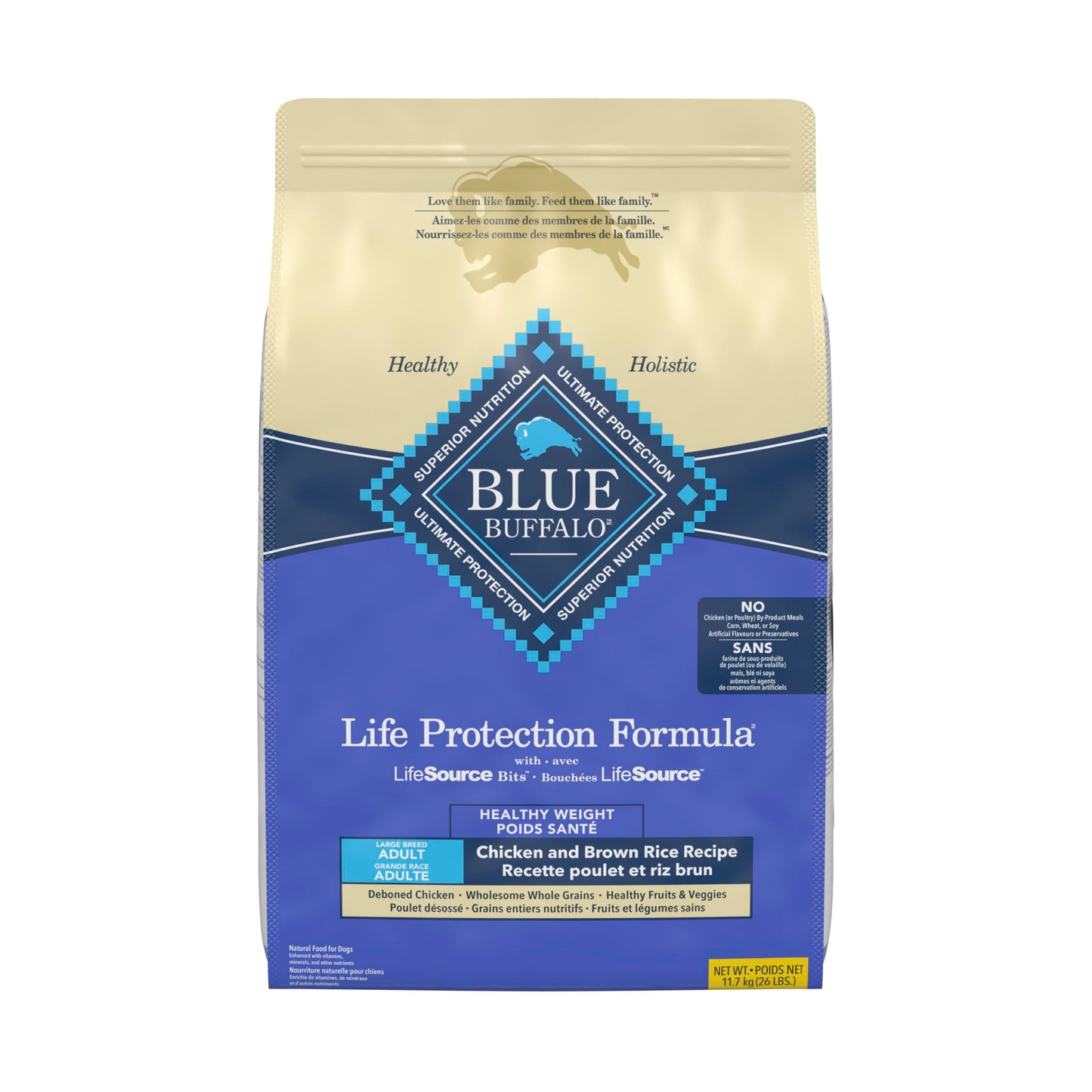 Blue Buffalo Life Protection Formula Chicken & Brown Rice Healthy Weight Large Breed Adult Dry Dog Food, Supports Immunity with LifeSource Bits, Promotes Healthy Lean Muscles,11.7kg/26 lbs
