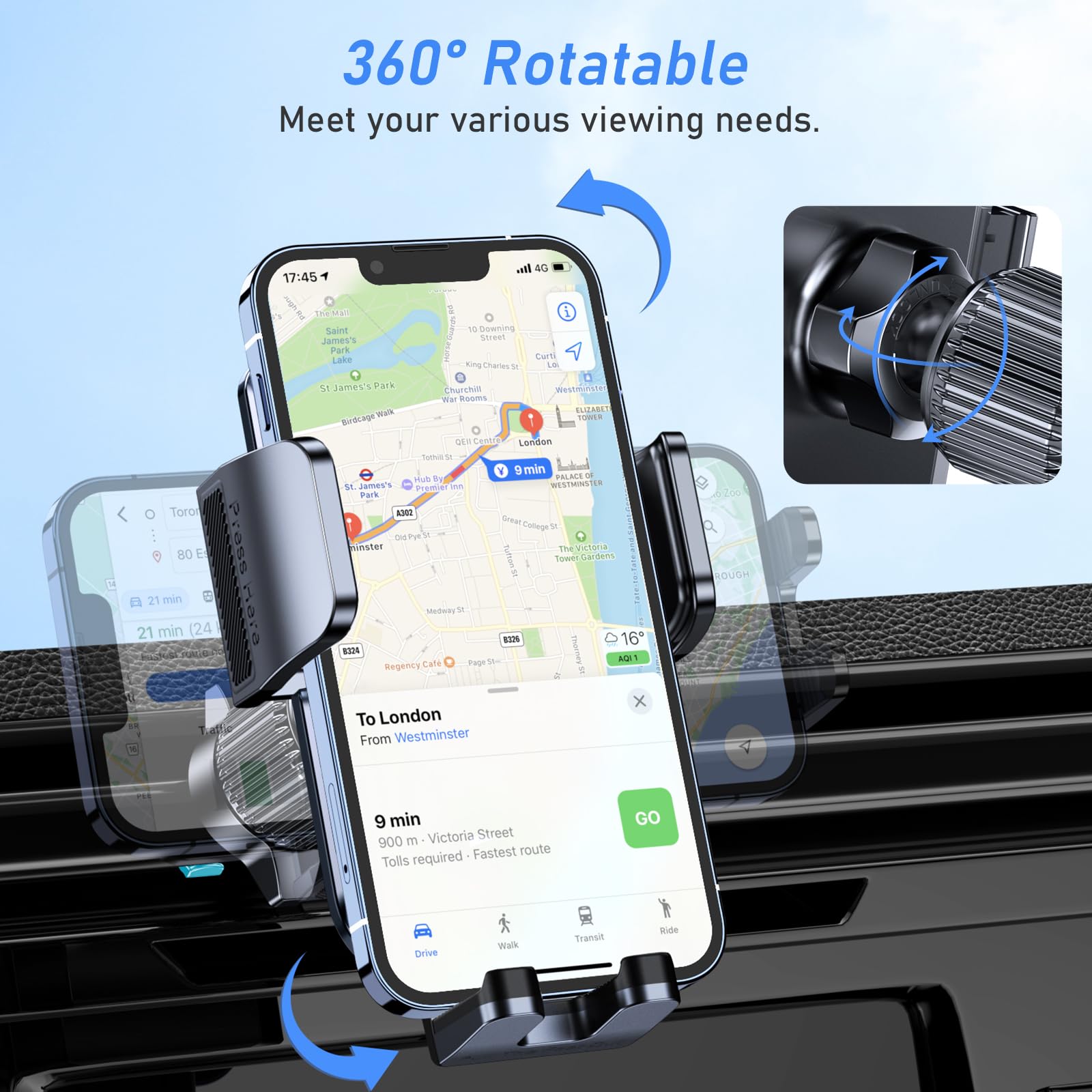 Blukar Phone Holder Car, Air Vent Car Phone Mount with Upgraded Ultra Stable Hook Clip, 360° Rotation, One Button Release Cellphone Holder for iPhone, Google, Galaxy and All Mobile Phones - Available at All In One Marketplace Canada