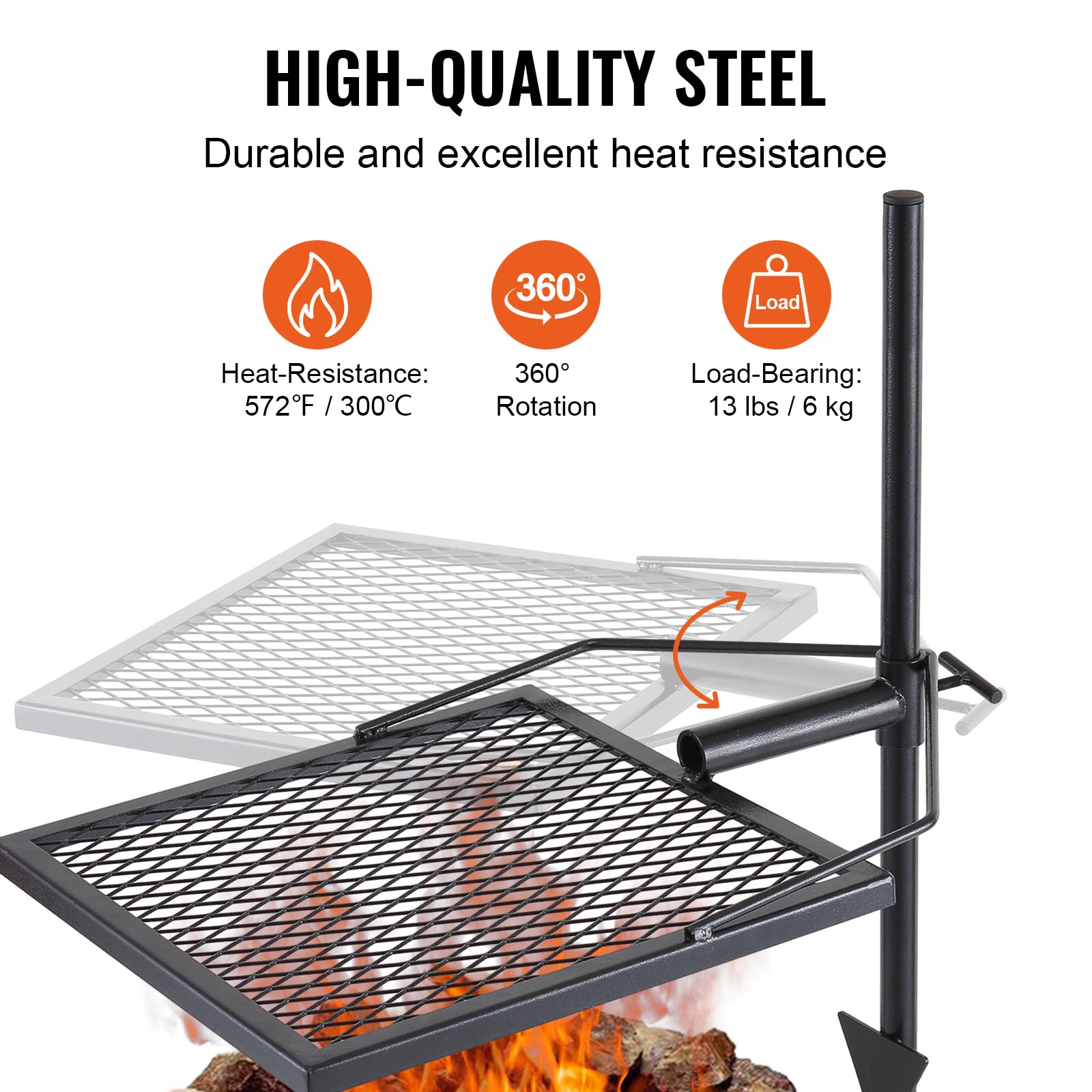VEVOR Swivel Campfire Grill, Fire Pit Grill Grate, Heavy Duty Steel Grill Grates, 360° Adjustable Open Outdoor Cooking Equipment, Portable Camp Fire Racks for Camping Outdoor BBQ VEVOR
