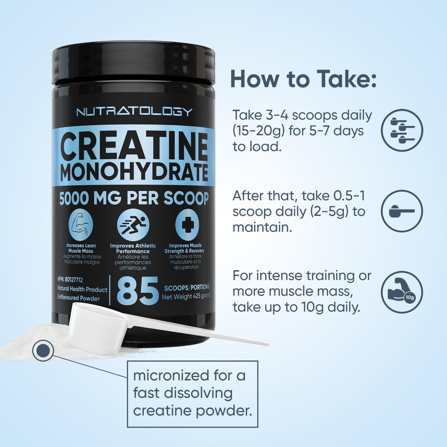 Pure Micronized Creatine Dissolves Easily | Creatine Monohydrate Powder 425g - For Increased Muscle Growth & Performance - Supports Athletic Performance - Creatine Powder for Workouts - 85 Servings