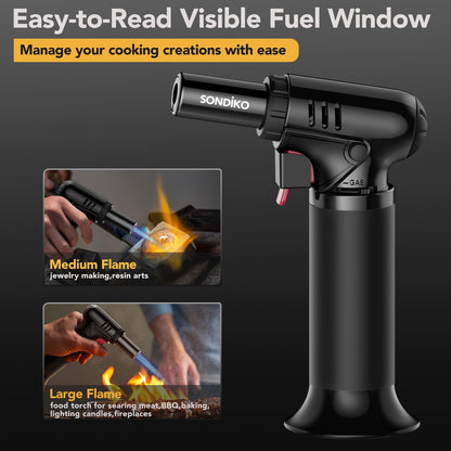 Sondiko Blow Torch with Fuel Gauge, Refillable Butane Torch Lighter with Safety Lock and Adjustable Flame, One-Handed Operation, Fit All Butane Tanks Kitchen Torch