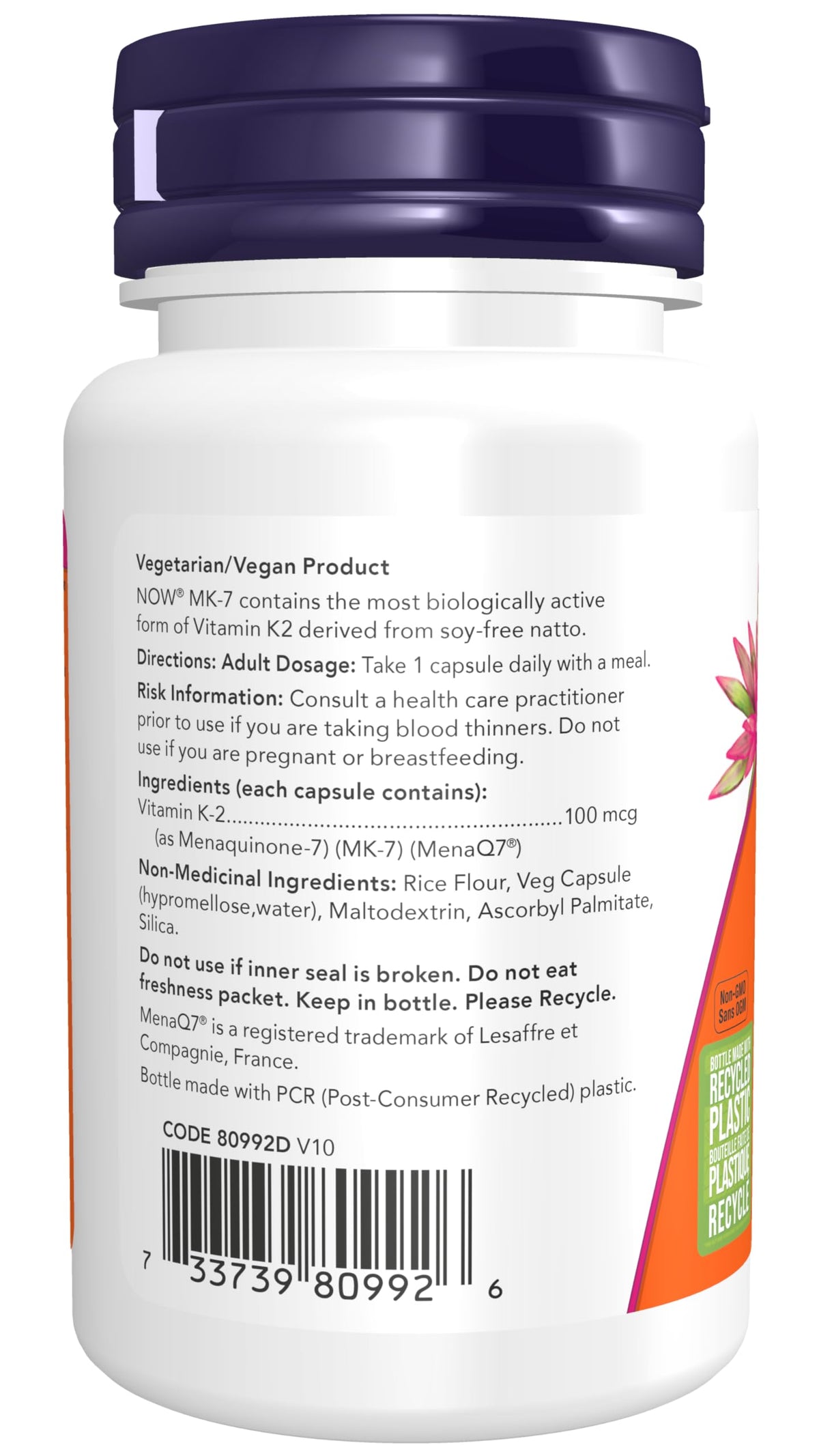 NOW Supplements, MK-7 Vitamin K-2 100 mcg, Cardiovascular Support*, Supports Bone Health*, 60 Veg Capsules