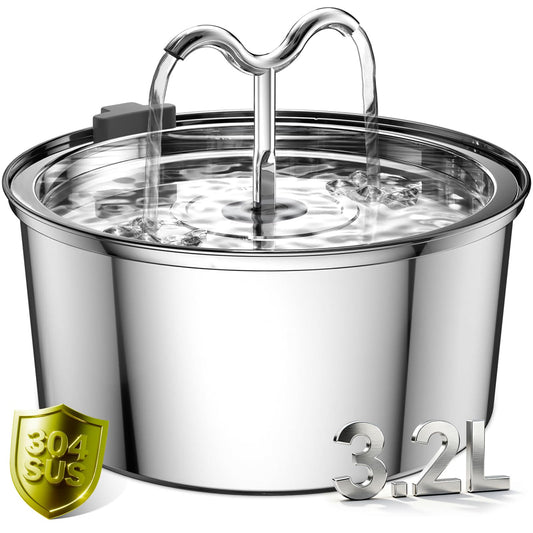 DOOOB 108oz/3.2L Cat Water Fountain Stainless Steel, Ultra-Quiet Automatic Metal Pet Fountain for Cats and Small Dogs, Stainless Steel Cat Water Fountain with 1 Filter & 1 Sponge