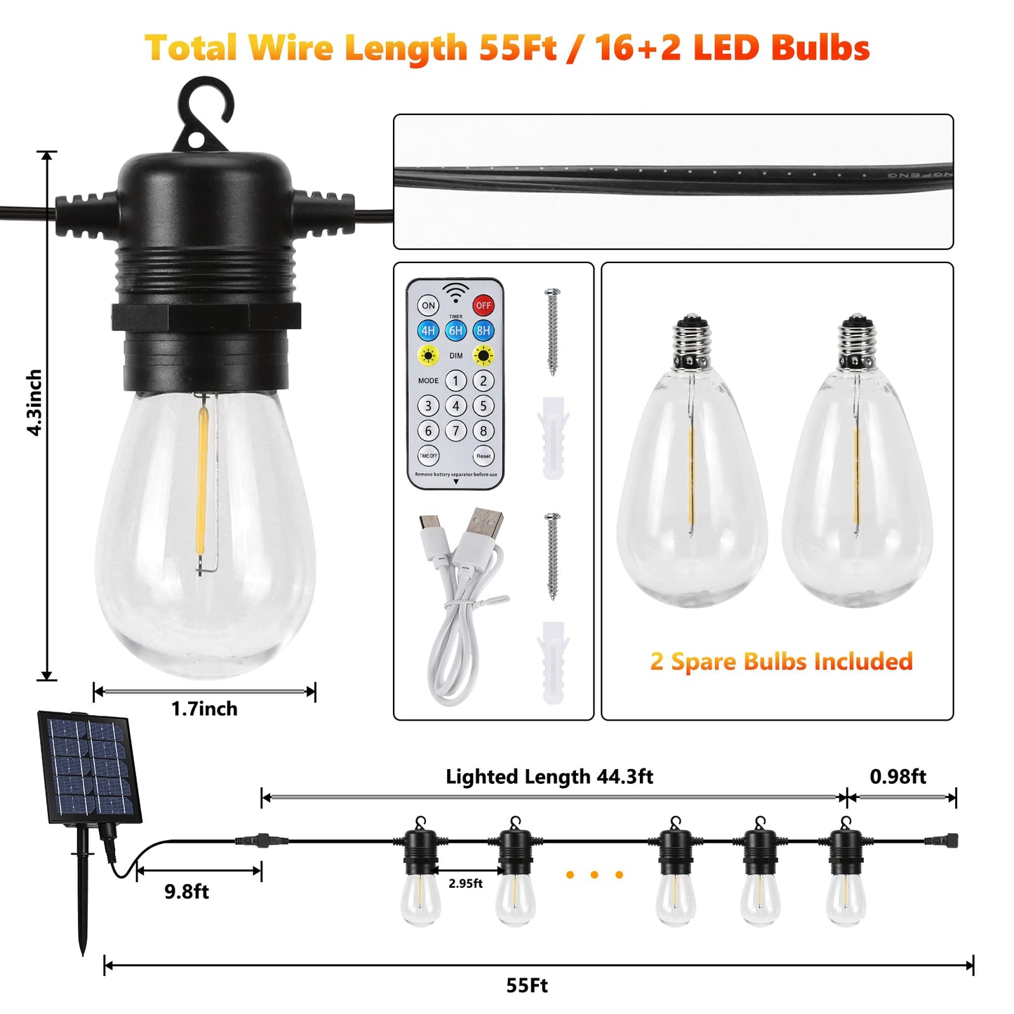 Joomer Solar String Lights Outdoor, 55FT S14, 16+2 Bulbs (2700K,Warm White) - Available at All In One Marketplace Canada