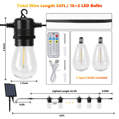Joomer Solar String Lights Outdoor, 55FT S14, 16+2 Bulbs (2700K,Warm White) - Available at All In One Marketplace Canada